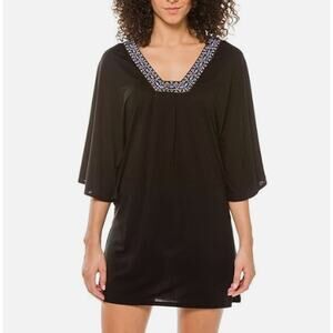 Dotti Womens Swim Cover-up Tunic Dress Beaded Black Sz M NWT